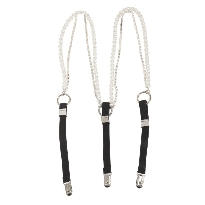 

Adjustable Pearl Suspender Straps Unisex Woman Girls Y Shape Elastic Clip on Suspenders 3 Clip Pants Brace