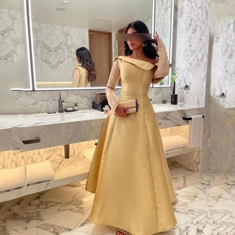 

Yellow Prom Dresses Off the Shoulder Shiny Long Sleeves Ruched A-Line Satin Floor-Length Party Dress Formal Evening Gowns