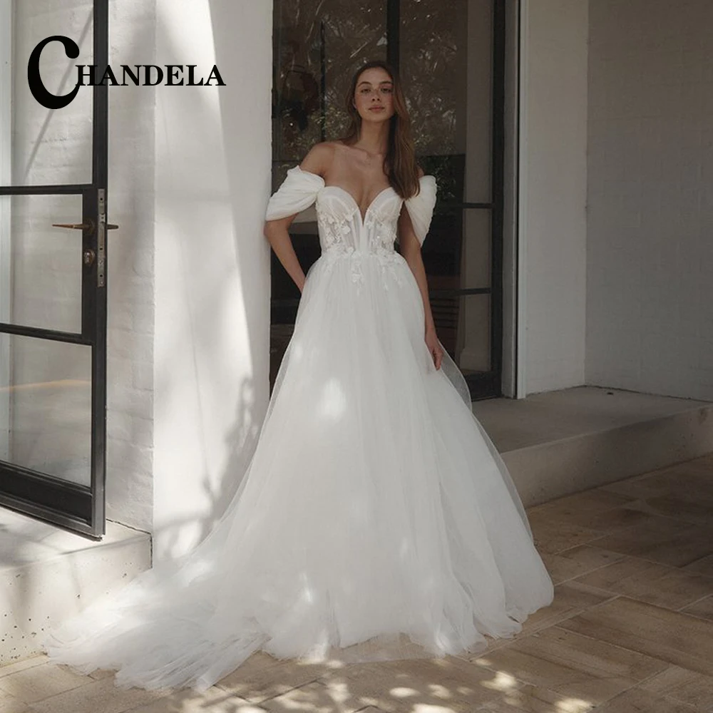 

CHANDELA Fancy Tulle Wedding Dresses for Bride Off the Shoulder A Line Lace Appliques Zipper V Neck Vestido De Noiva 2023