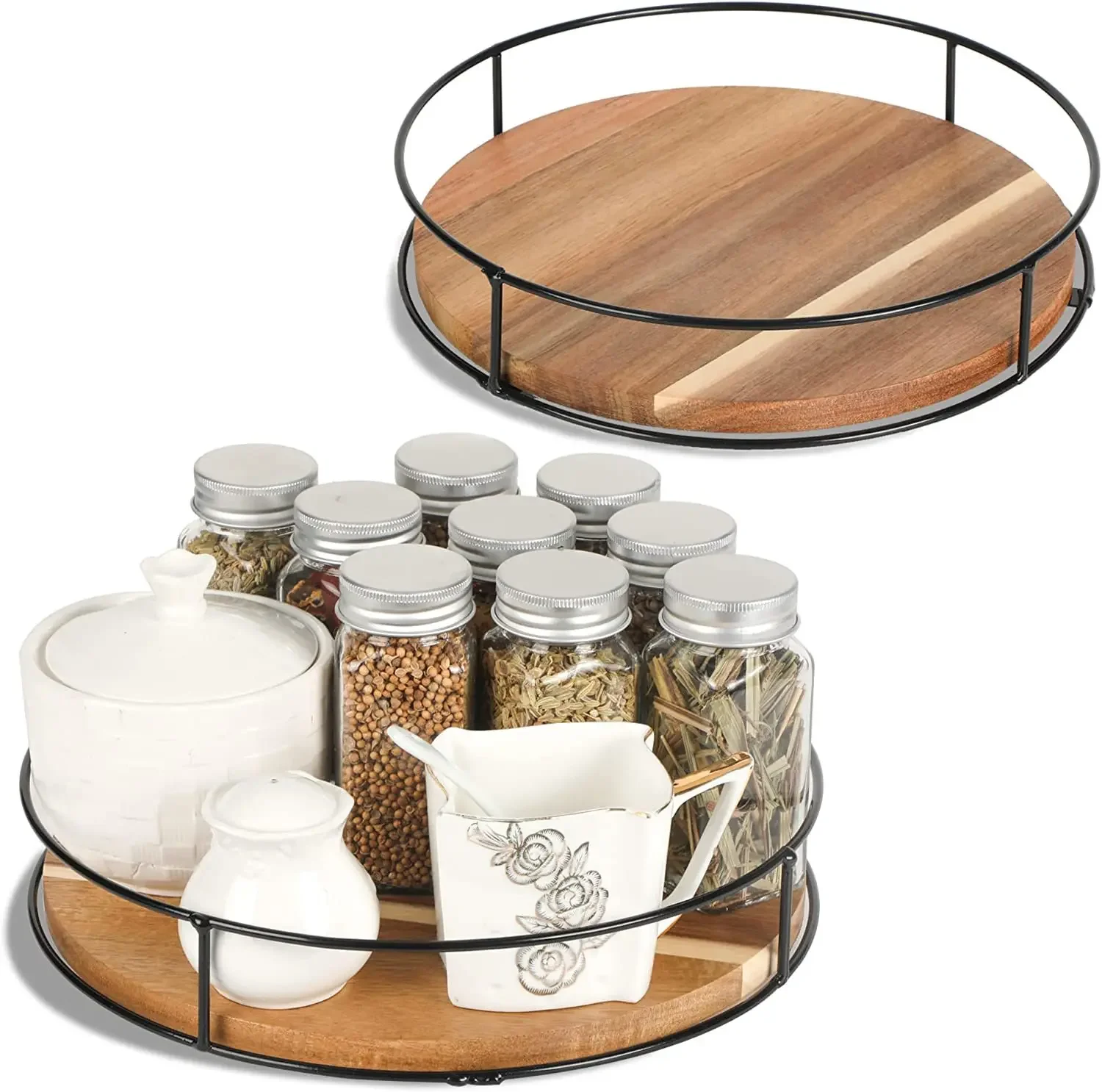 360 Degree Kitchen Turntable Storage Tray Acacia Wood Lazy Susan Turntable Organizer Platter Wooden Serving Tray With Handle AliExpress