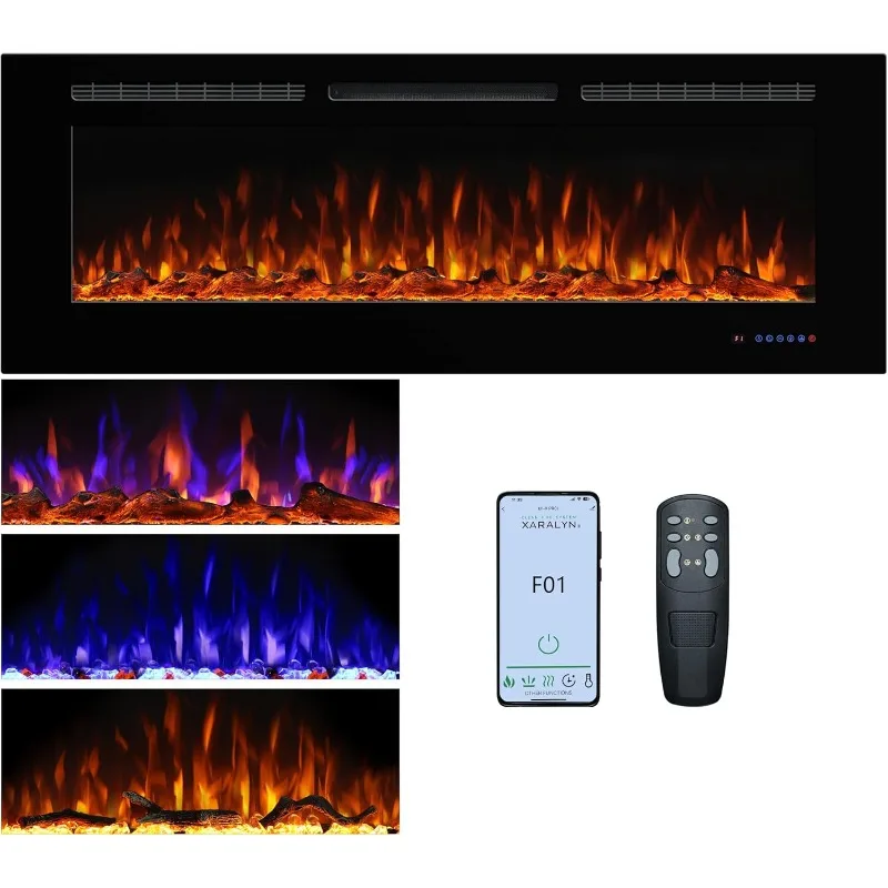 Electric Fireplace 60inches,Wall-Mounted Recessed Fireplace Inserts,Multicolor Flame w/5 Dimmer,Remote Control Thermostat,Timer