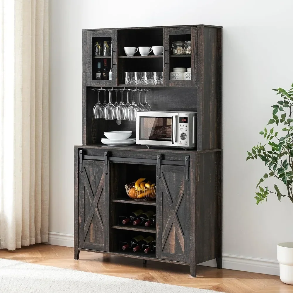 Farmhouse Coffee Bar Cabinet with Sliding Barn Door, 70" Tall Buffet Cabinet with Storage Shelves, Liquor Wine