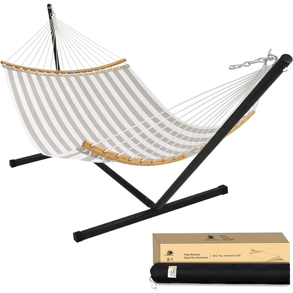 

Double Quick Dry Hammock With Curved Bamboo Spreader Bar Outdoor Patio Two Person Hammock With Portable Steel Stand Beige White