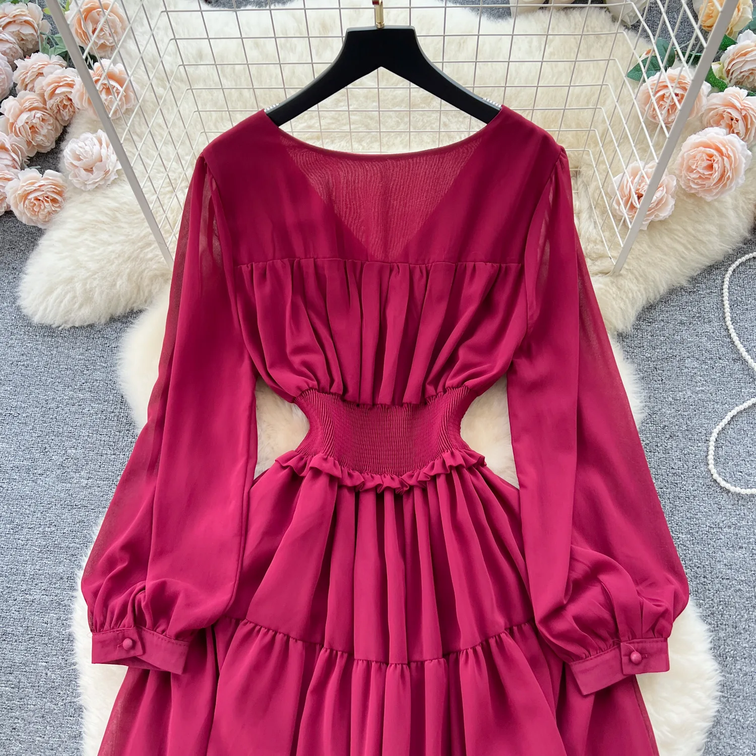 Vintage Chiffon Long Dress Women Elegant V-neck Long Sleeved Casual Dresses French Pleated Slim A-line Long Robe Vestidos
