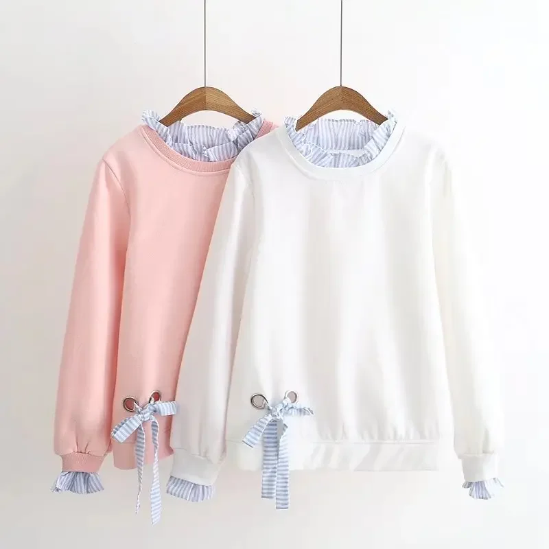 

Japanese Sweet Girl Spring Autumn New Student Bow Sweatshirt Kawaii Women's Loose Forest Women's Pink Plus Velvet Sweatshirt