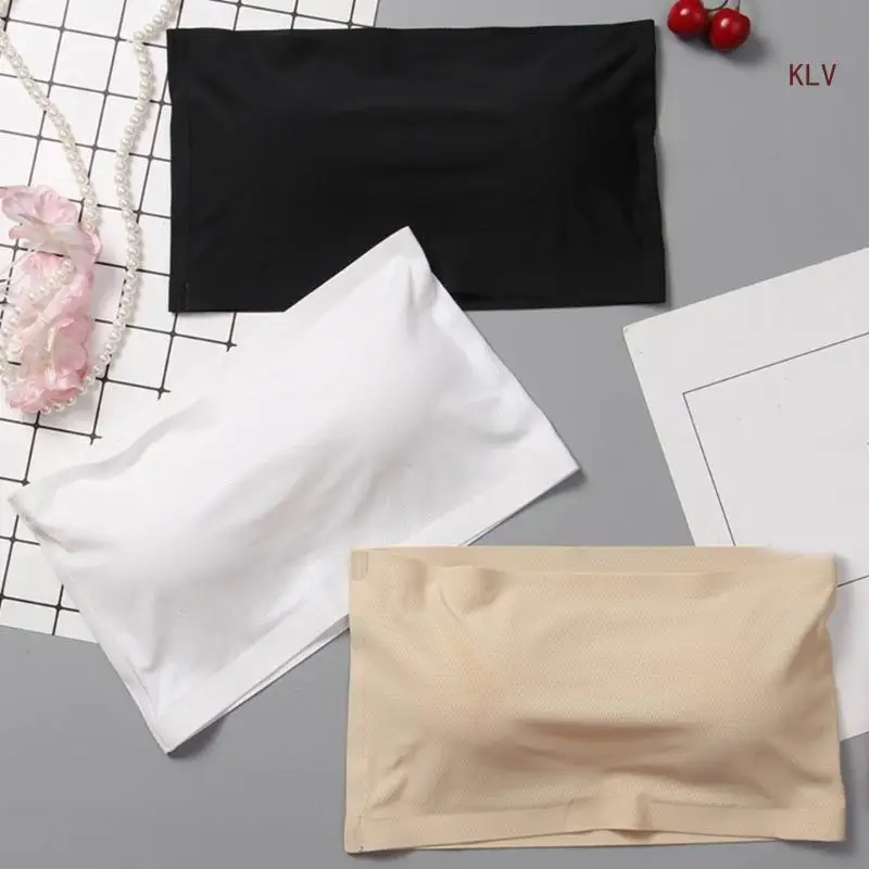Womens Seamless Breathable Mesh Bandeau Tube Top Bras Ice Silk Strapless Solid Chest Wrap Bralettes with Removable Pad