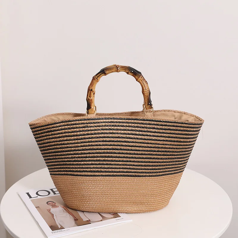 

2023 Summer New Straw Woven Cabbage Basket Handbag Holiday Leisure Hand-Made Round Straw Woven Bag