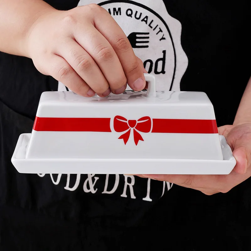 Creative Bow Pattern Butter Container Ceramic Box Restaurant Sealed Storage Box Cheese Butter Dish Tableware