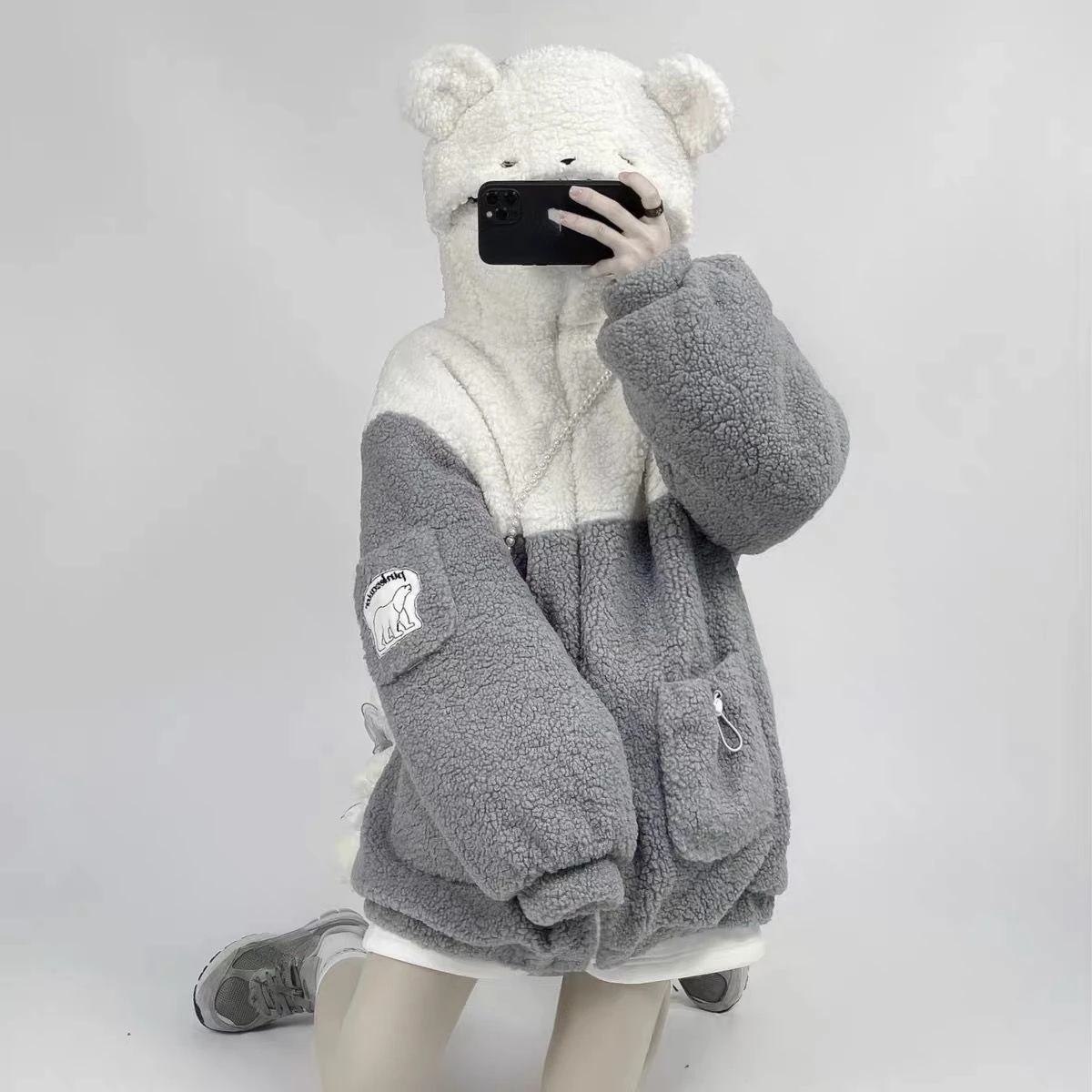 KOSAHIKI Harajuku Bear Teddy Print Jacket Women Winter 2023 Female