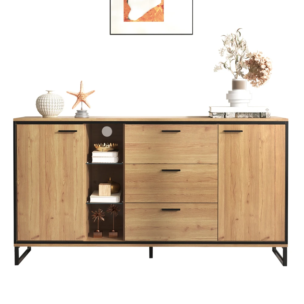 PINGGO Modern Wooden Side Cabinet with Three Drawers - Elegant Carved Storage Console - Stylish And Practical Home Furniture