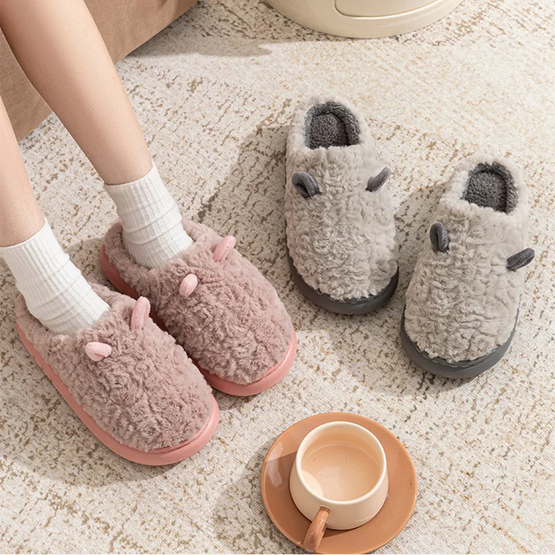 Sweet Soft Sole Plush Slippers Women Winter Cute Thick Bottom Flurry Slippers Woman Indoor Warm Anti Slip Home Shoes Ladies