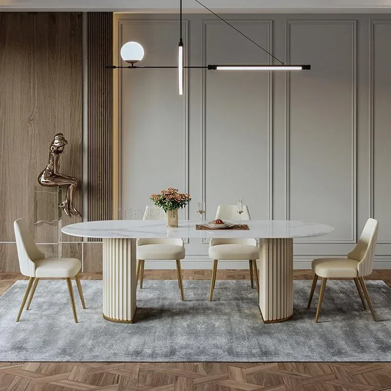 White Minimalist Light Luxury Bright Rock Plate Dining Room Set Modern Chairs Household Living Room Tavolo Pranzo Furniture WK