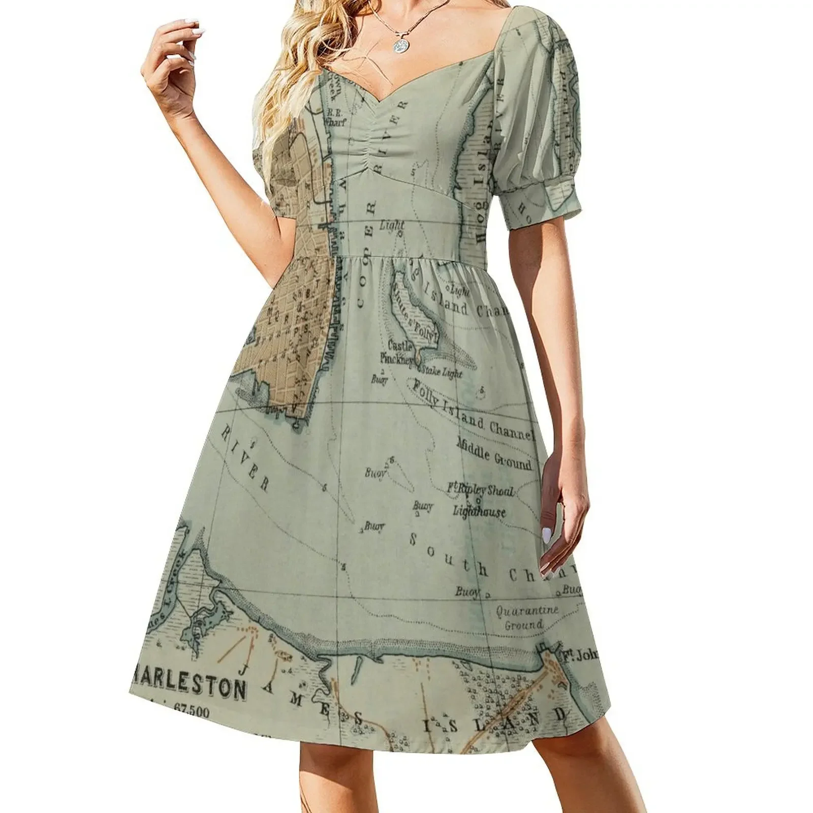 Mapa antiguo del puerto de Charleston, Carolina del Sur (1904). Vestido sin mangas. Ropa de mujer. Ropa de playa. Vestido de fiesta de lujo para mujer.