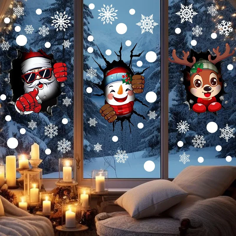 Window Stickers Christmas Decorative Glass Stickers Simulation Crack Gap 3D Santa Claus Elk Snowman Electrostatic