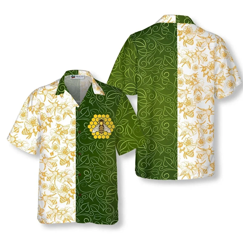 thumbnail image 1 of Camisas casuales de manga corta con botones y solapa con estampado 3D de abejas para hombre, ropa para hombre, camisa hawaiana de verano, ropa de calle para hombre, 1 of 5