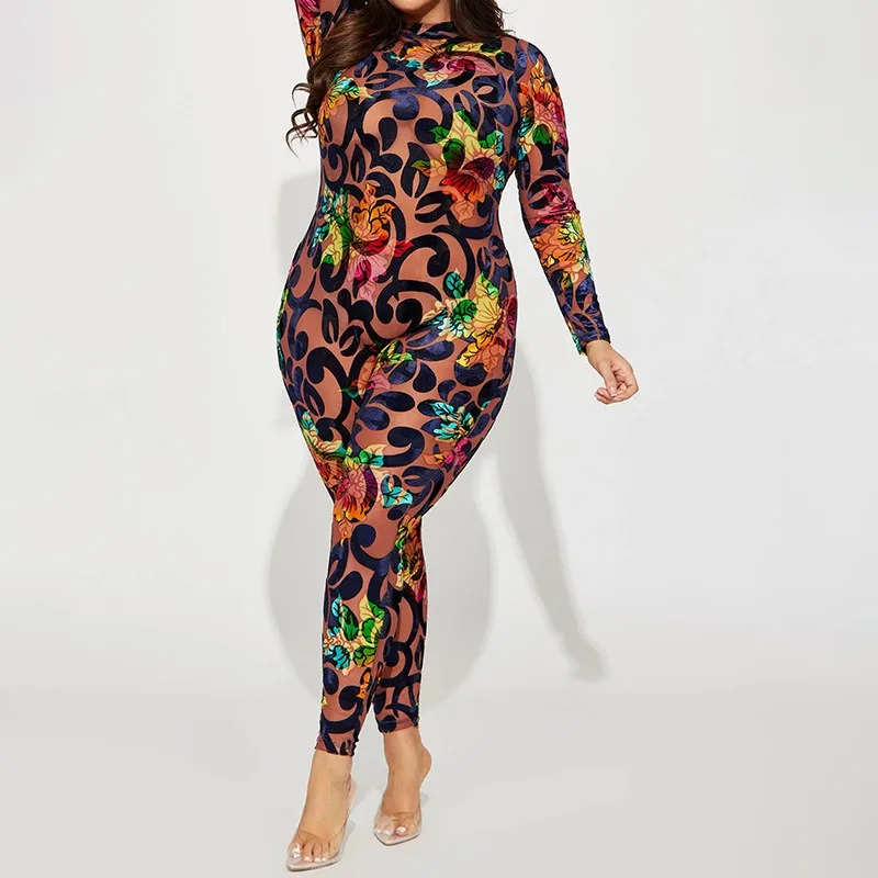 Autumn Jumpsuits Women New Long Sleeves Print Mesh Bodycon O-neck Sexy Jumpsuits Fashion Streetwear Casual Sports Club Rompers