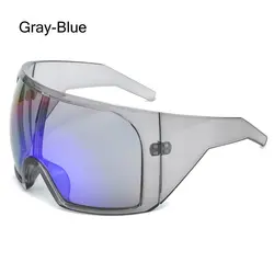 Futuristic UV400 Wraparound Rave Sunglasses with Oversized Curved Lens (Gray - Blue)