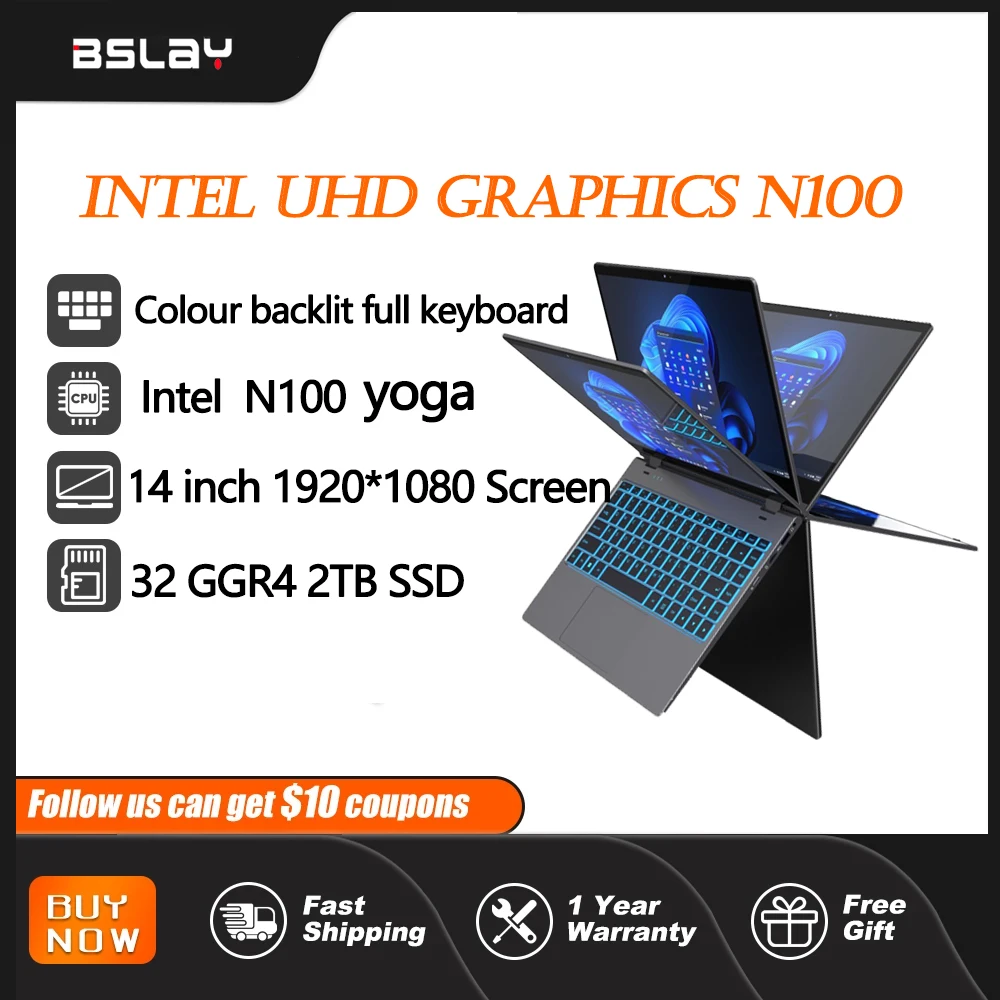 

Intel Processor N100 14 inch 32 GB DDR4 2TB SSD Slim Laptop YOGA 6000 mAh Tablet 2-in-1 1920*1080 Screen Touch 360° Flip Office