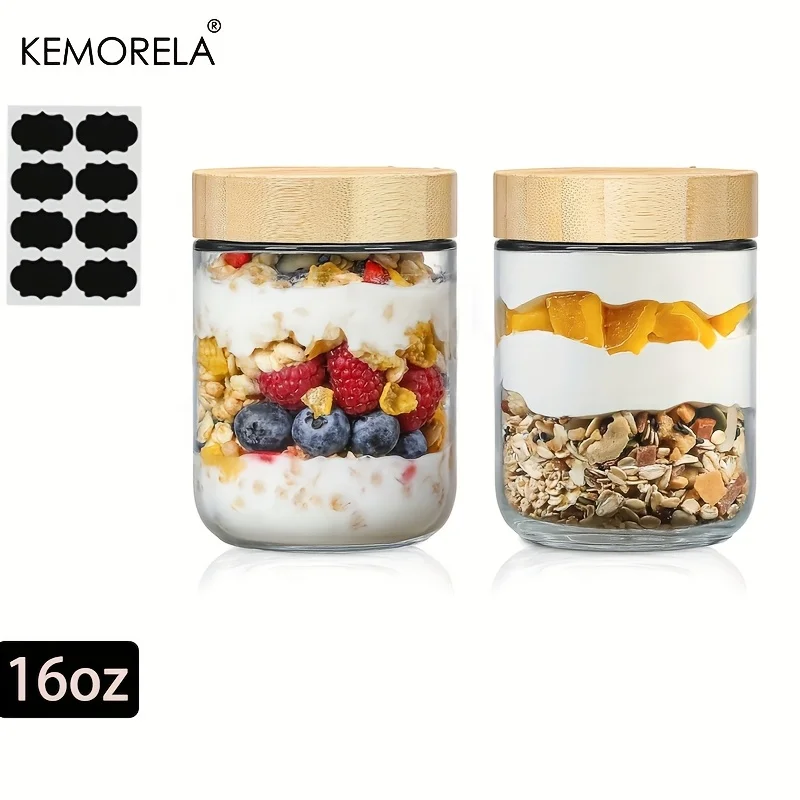 KEMORELA 2/4PCS Cam kavanozlar 290/470ML Hava Geçirmez Kapaklı Gecelik Yulaf Kapları Bambu Kapaklı Geniş ağızlı Mason Salata kavanozu