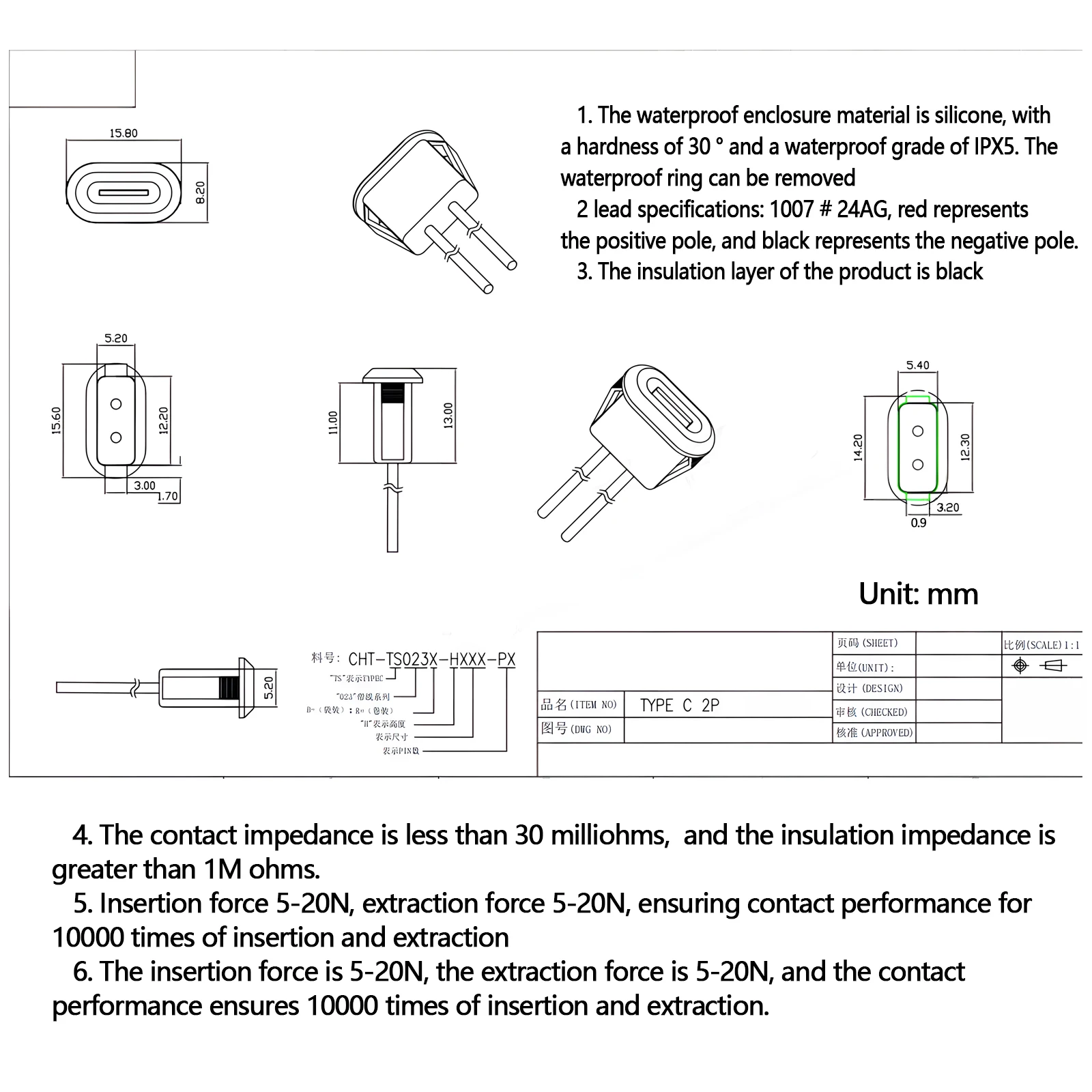 Type C USB Connector Female Chassis Waterproof Type-C card Buckle 3A Fast Charging Port Charger Plug Socket