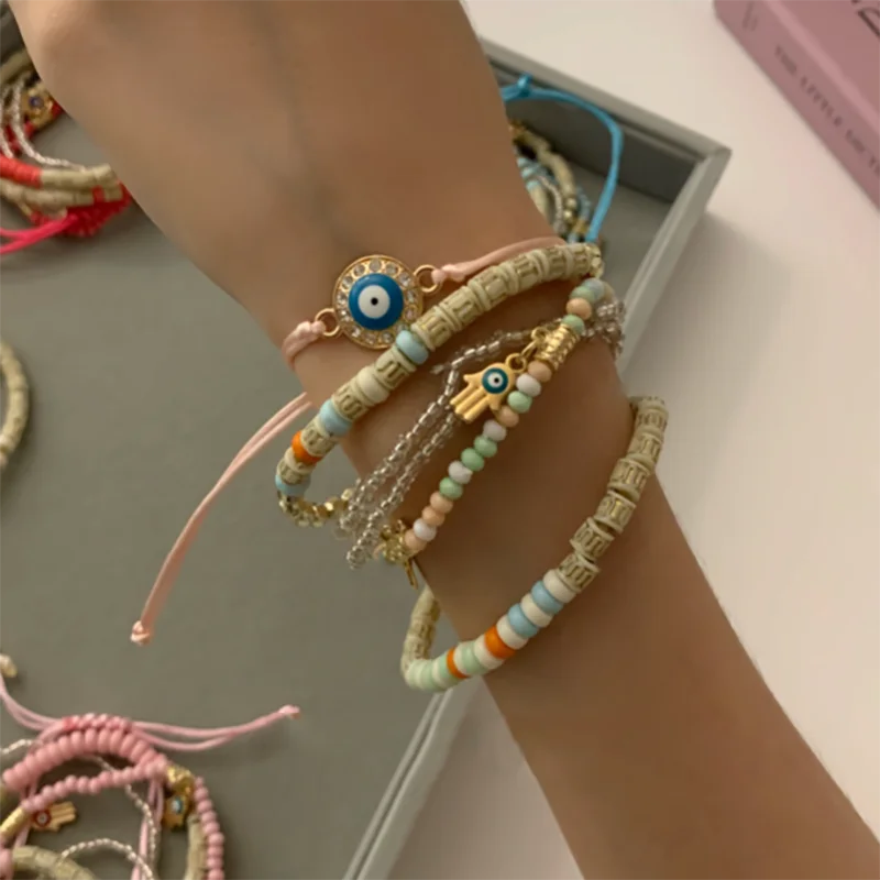 Beaded Bracelet Vintage Bohemia Multilayer Elastic Beaded Bracelets Set For Women Evil Eye Beads Combination Handmade Bracelet Jewelry Gift