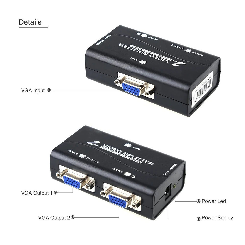 Portable 1 PC to 2 Monitor Video Splitter Adapter VGA Splitter Duplicator USB cable