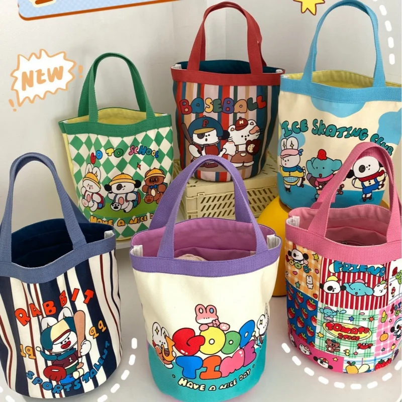 Doodle-Print Canvas Bucket Bag &ndash; Cute Ins-Foodie Cylinder Tote for Girls Korean Style Lunch Box Carrier & Mommy Bag