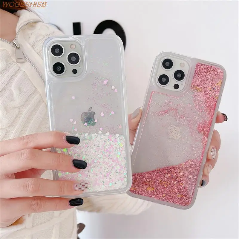 Чехол для телефона из жидкого силикона для iPhone 14, 13, 12, 11 Pro Max, X, XS, XR, 7, 8, 6, 6s Plus, SE, 5 цветов, блестящий чехол с блестками и зыбучим песком