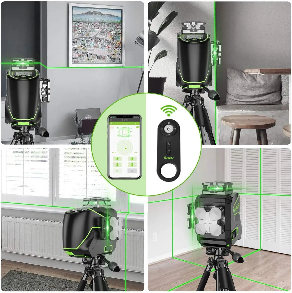 Huepar 3D LCD Display Cross Line Laser Level 12 Lines Green Beam Bluetooth & Remote Control Functions S03CG With Hard Carry Case