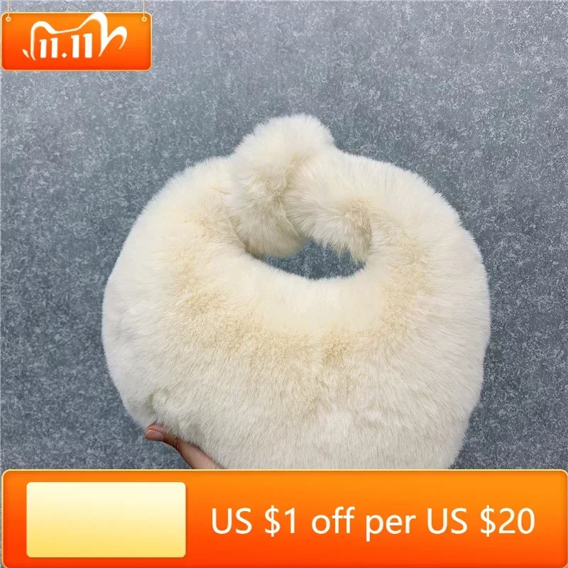 

Fur Women's Small Half Moon Bag Luxury Warm Plush Wrist Bags for Women Fashion Furry Short Handle Clutch Cute Ladies Coin Purses