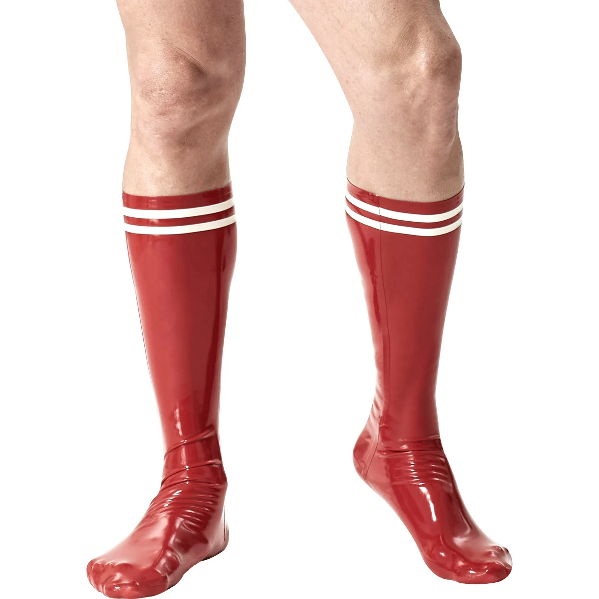 

Red With White Stripes At Top Long Rubber Latex Socks Under Knee Length WZ-0091