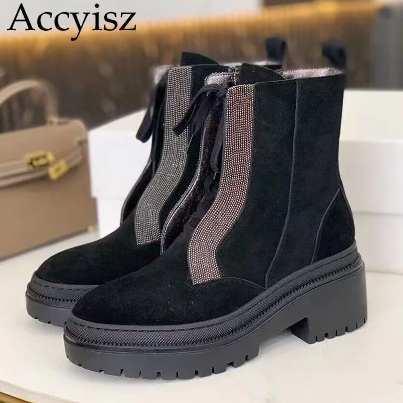 

New Round Toe Thick Sole Short Boots Women Suede Metal Bead Belt Decor Ankle Boots Winter British Style Lace Up Riding Botas
