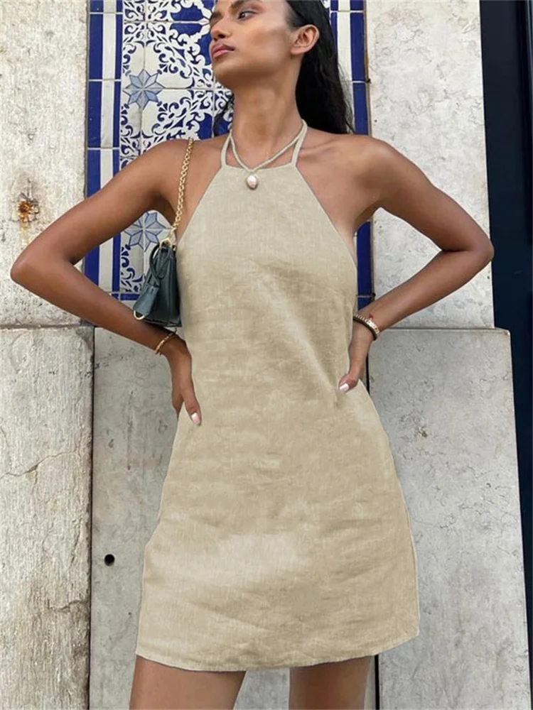 Female Backless Mini Dress Lace-Up Solid Basic Hanging neck Patchwork Casual Off-Shoulder Dress Sexy Fashion Women Dress