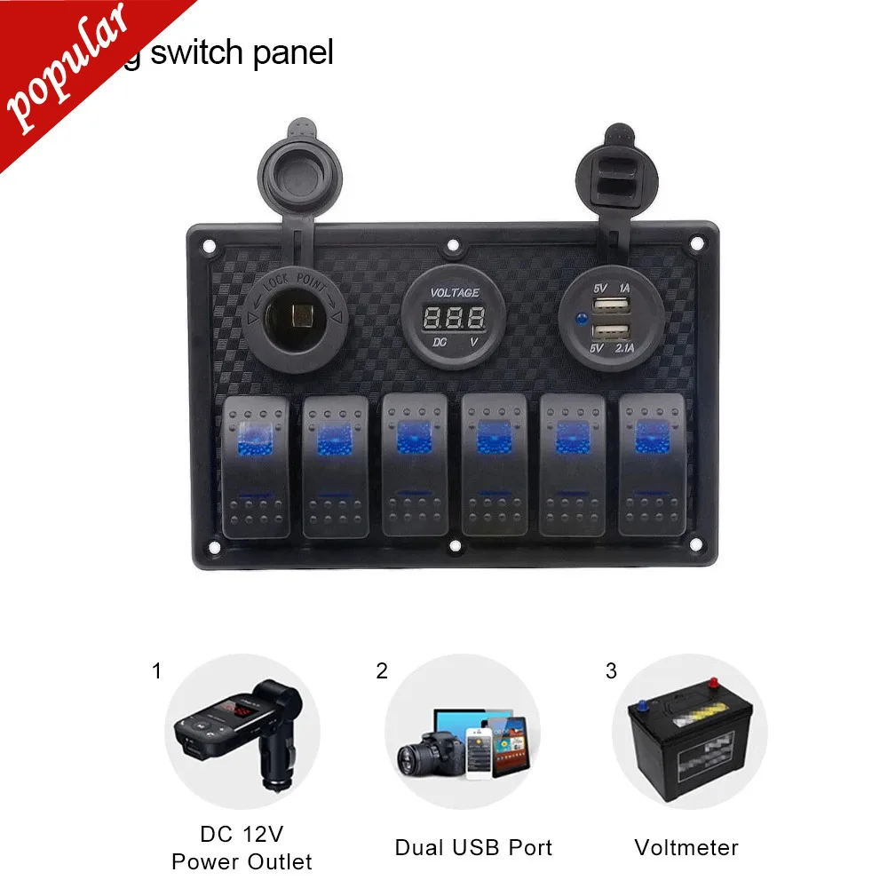 

6 Gang LED Rocker Car Switch Control Panel Circuit Breakers Cigarette Lighter Plug Double USB port Voltmeter for Boat Waterproof