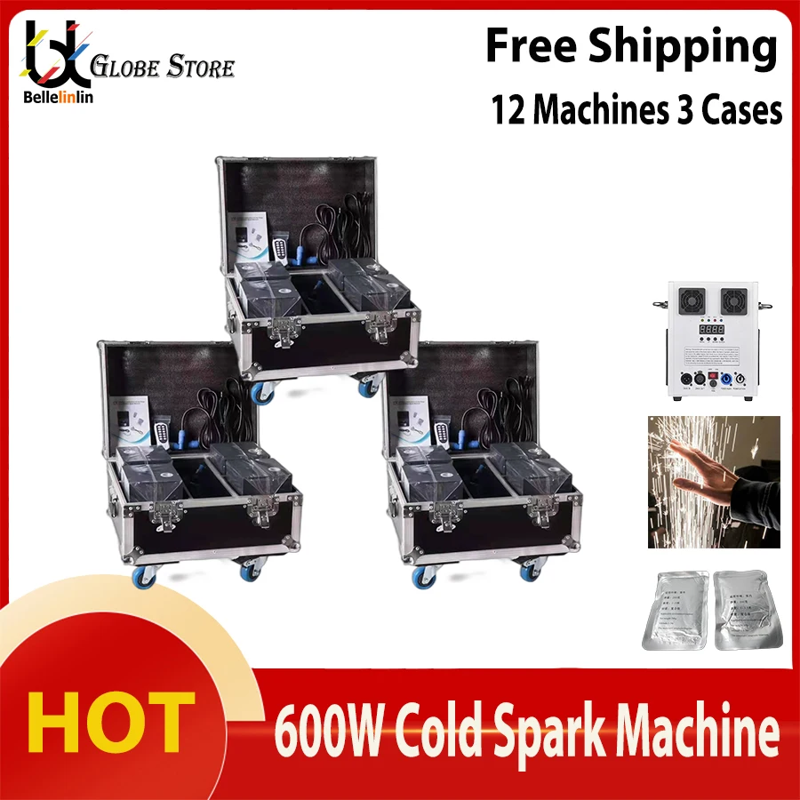 

No Tax 12Pcs 600W Cold Spark Machine With 3 Flight Case DMX Remote Cold Fireworks Fountain Spark Stage Sparkular Machine