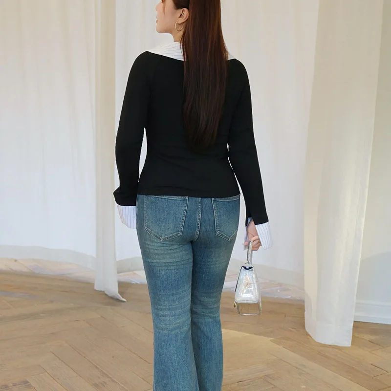 Fashion Plus Size Women's T-Shirt Premium Fake Two Pieces Cinched Waist Tops Color Blocking Lapel Tees 9311