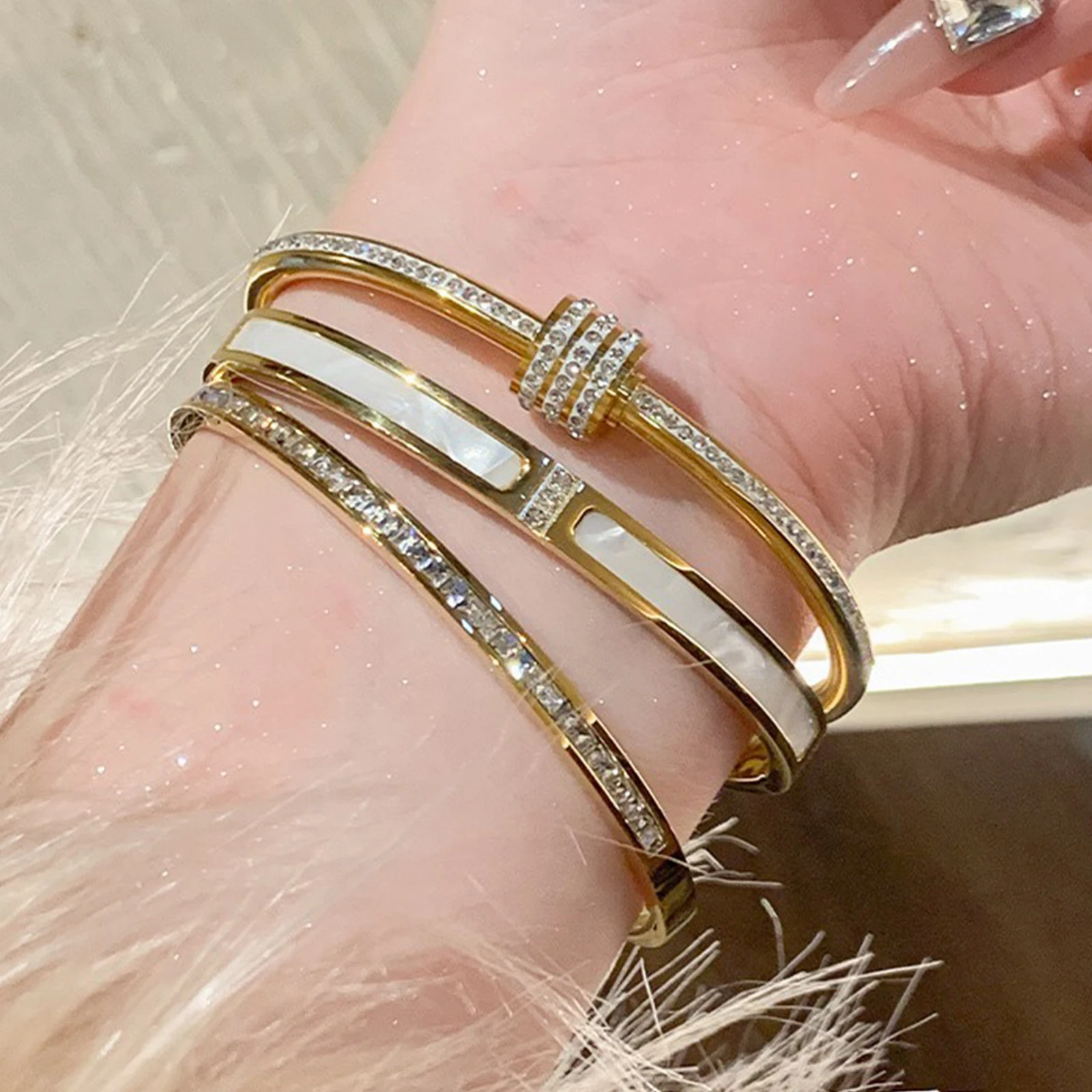 Zircon Bracelet Titanium Steel Gold Fashionable Classic Style Stainless Steel Inlaid With Zircon For Womens Daily Wear 1pc