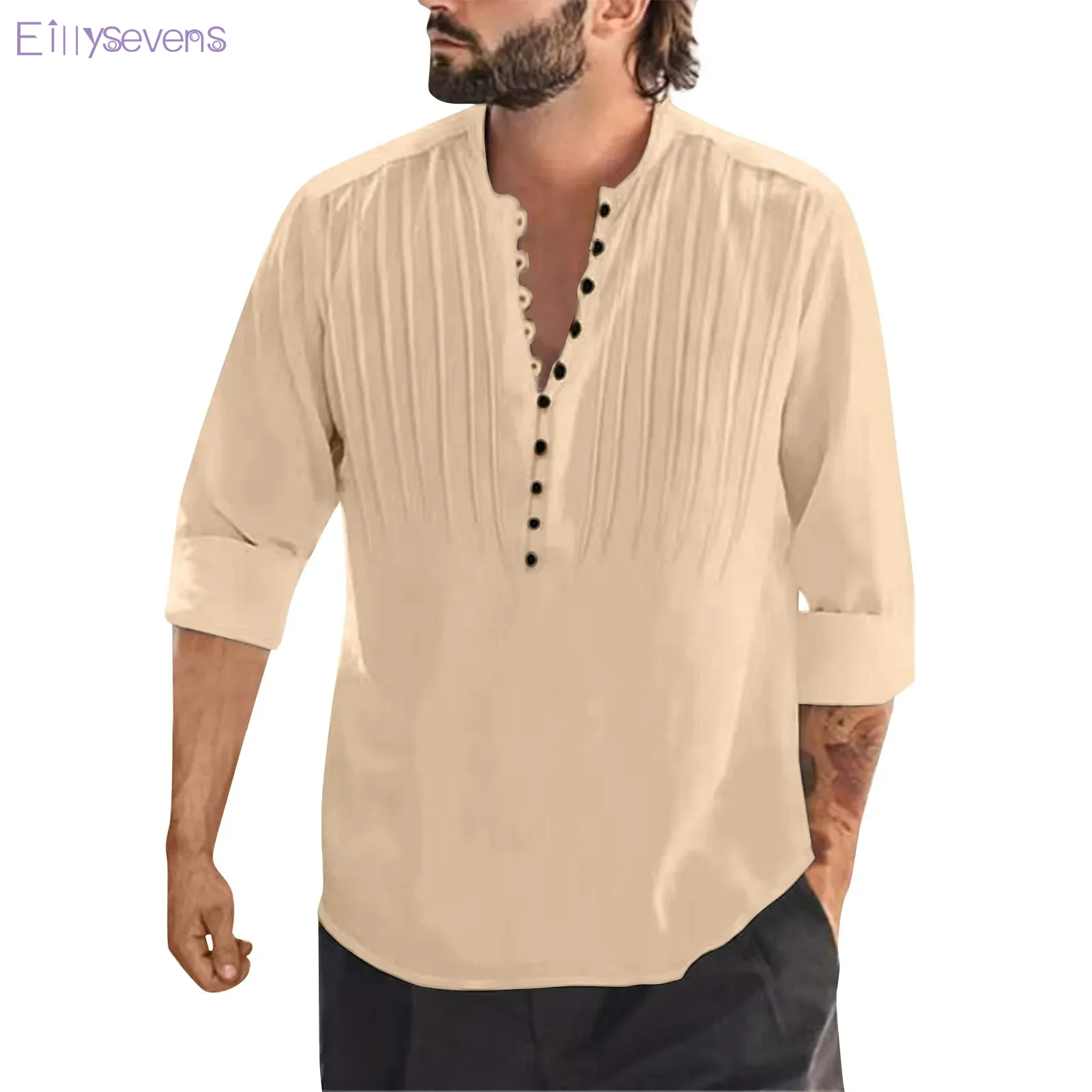 

Men Shirt fashion Long Sleeved Shirts Round Neck versatile tops Summer originality Pleated Breathable Cotton Linen ropa hombre