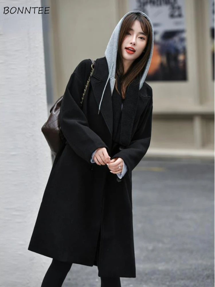 

Designed Blends Women Winter All-match Daily Leisure Hooded Fake Two Pieces Elegant Students Simple Korean Style Charming Young