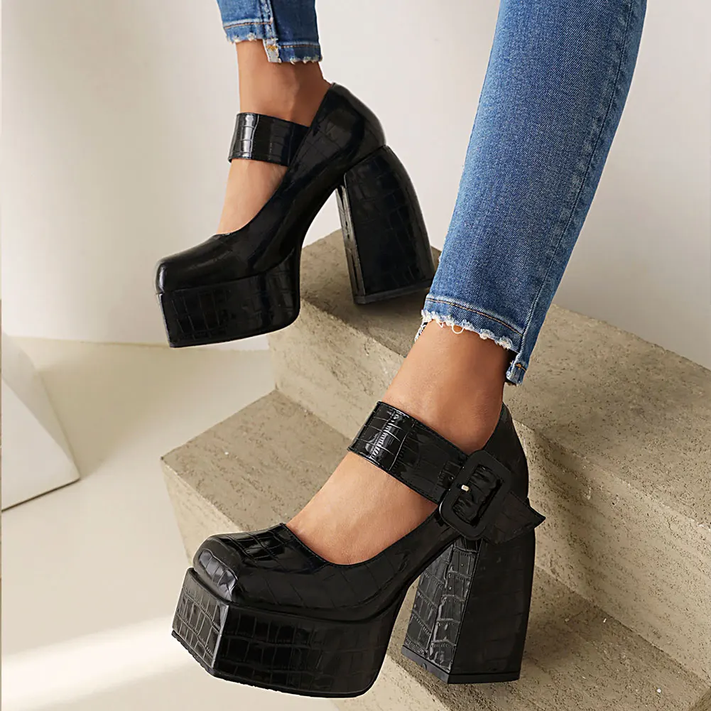 Luxury Brand New Ladies Thick High Heels Mary Janes Pumps Fashion Buckle Square Toe Platform Pumps Women Party Shoes Woman