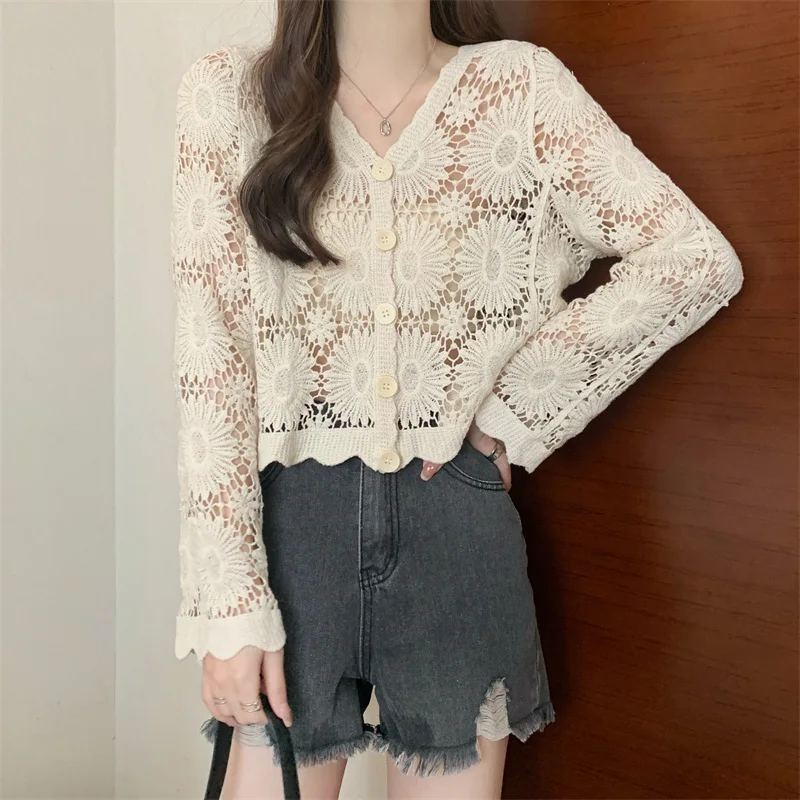 Short Style Cardigan Women Spring Autumn Lace Hollow Out Knitted Crop Tops Female Single Breasted Crochet Flowers Knitear 6