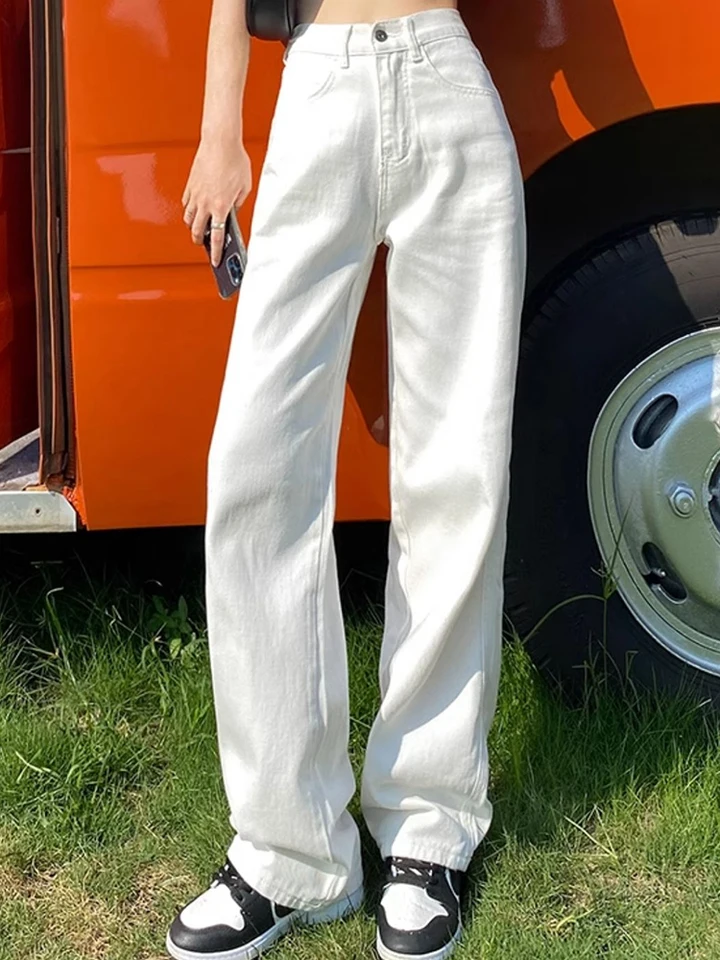 Jean Taille Haute Pour Femme - Coupe Droite Et Large - Décontracté - Baggy - Denim Vieilli, F-Kaki Clair, Large-X-Large