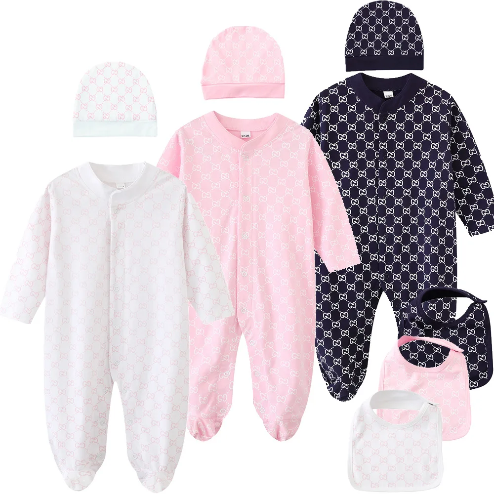 Newborn Baby Clothes Rompers Jumpsuits Cotton Hat Bibs
