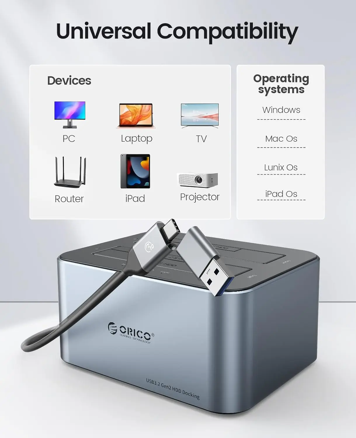 ORICO 하드 드라이브 도킹 스테이션, 오프라인 클론 기능 탑재, 알루미늄 합금 듀얼 베이 USB C - SATA 하드 드라이브 도크 (2.5 또는 3.5 HDD용)