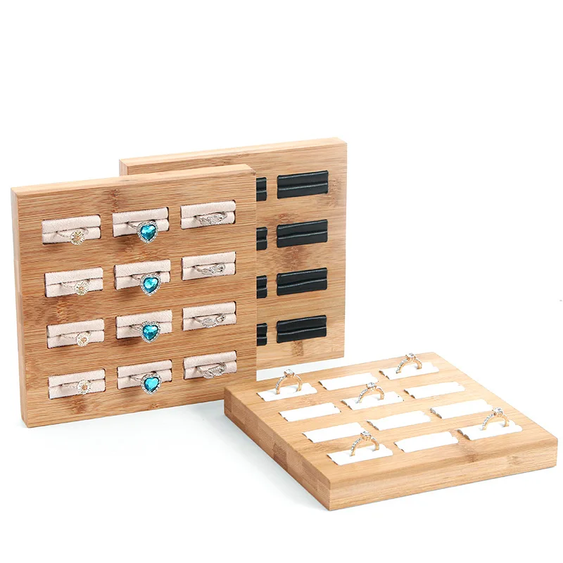 Bamboo Ring Display Stand Jewelry Portable Square Flat Collect  Box Tray Organizer Storage Holder For Wedding Shop And Home