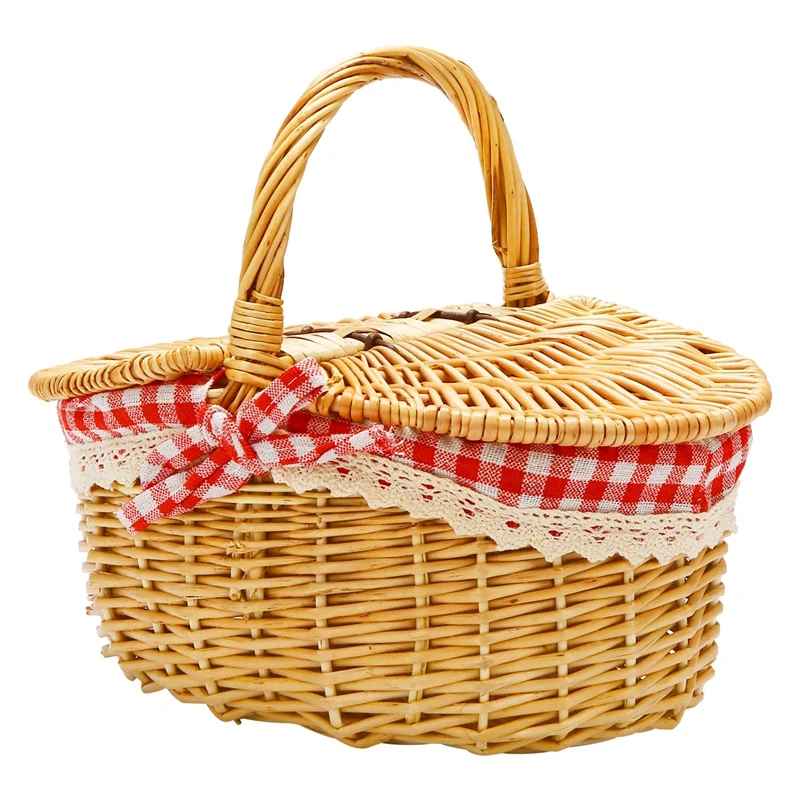 

Country Style Wicker Picnic Basket Hamper With Lid And Handle & Liners For Picnics, Parties, Wedding And Bbqs