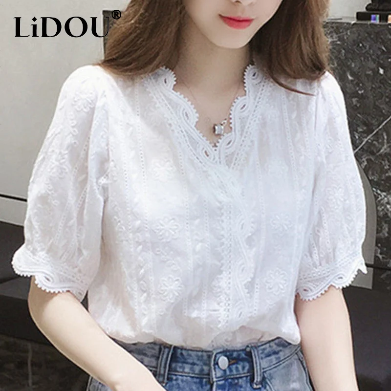 

Summer Chic Elegant White Lace Shirt V-neck Flower Edge Embroidery Puff Sleeve Cotton Blouse Korean Style Top Women Sweet Blousa