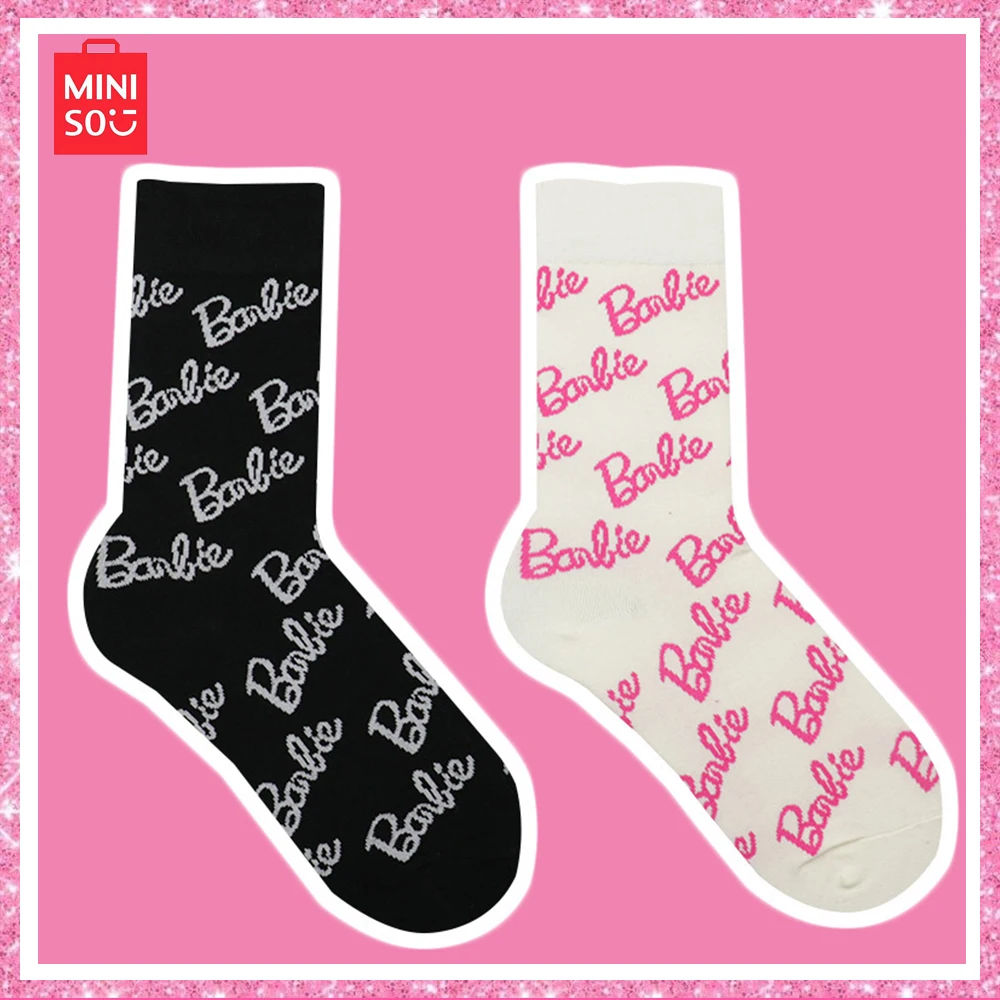 

Miniso Net Red Ins Trend Versatile Simple Black and White Full Print Pink Barbie Letter Socks Sports Socks Cotton Men and Women