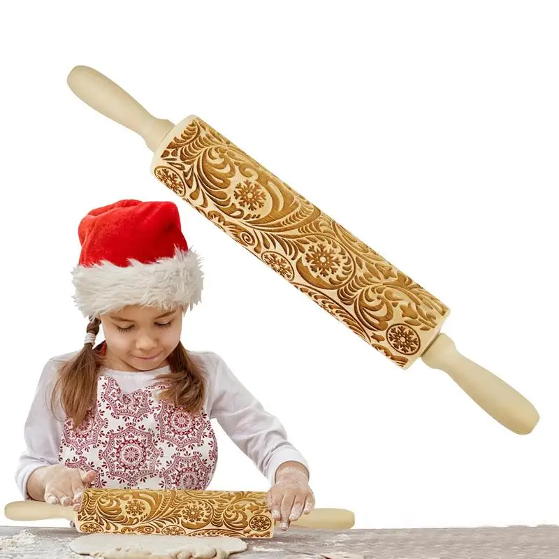 

Christmas Rolling Pin 3D Engraved Wooden Non Stick Rolling Pin With Snowflake Vine Pattern Baking Roller For Cookies Baking