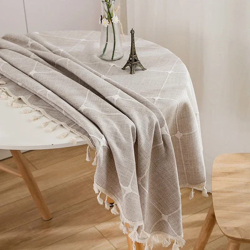 Round Tassel Plaid Tablecloths Heavy Weight Cotton Linen Fabric Dust-Proof Table Cover Kitchen Dining Party Tabletop Decorations 4